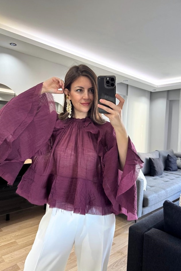 Liora Fırfır Detaylı Transparan Bluz Mürdüm