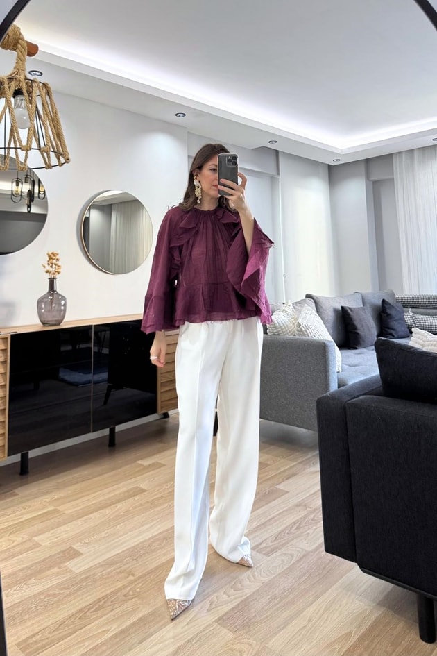 Liora Fırfır Detaylı Transparan Bluz Mürdüm