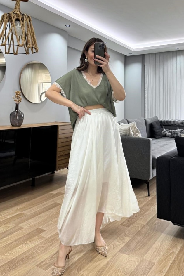 Mirelle Dantel Detaylı Bluz Çağla Yeşili