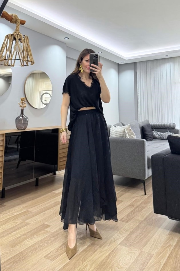 Mirelle Dantel Detaylı Bluz Siyah