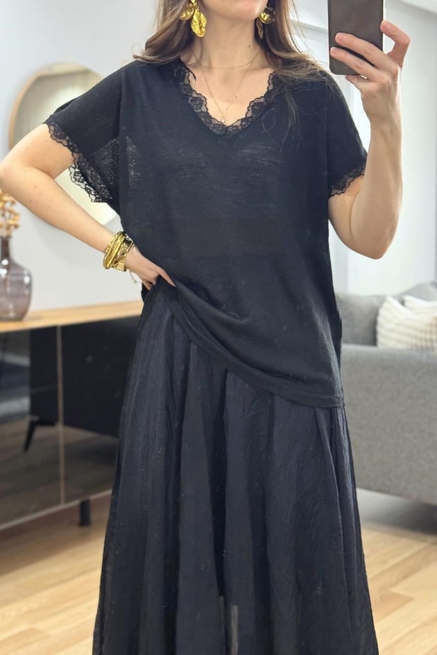 Mirelle Dantel Detaylı Bluz Siyah