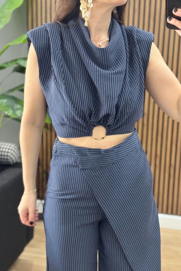 Toka Detaylı Çizgili Premium Bluz Lacivert