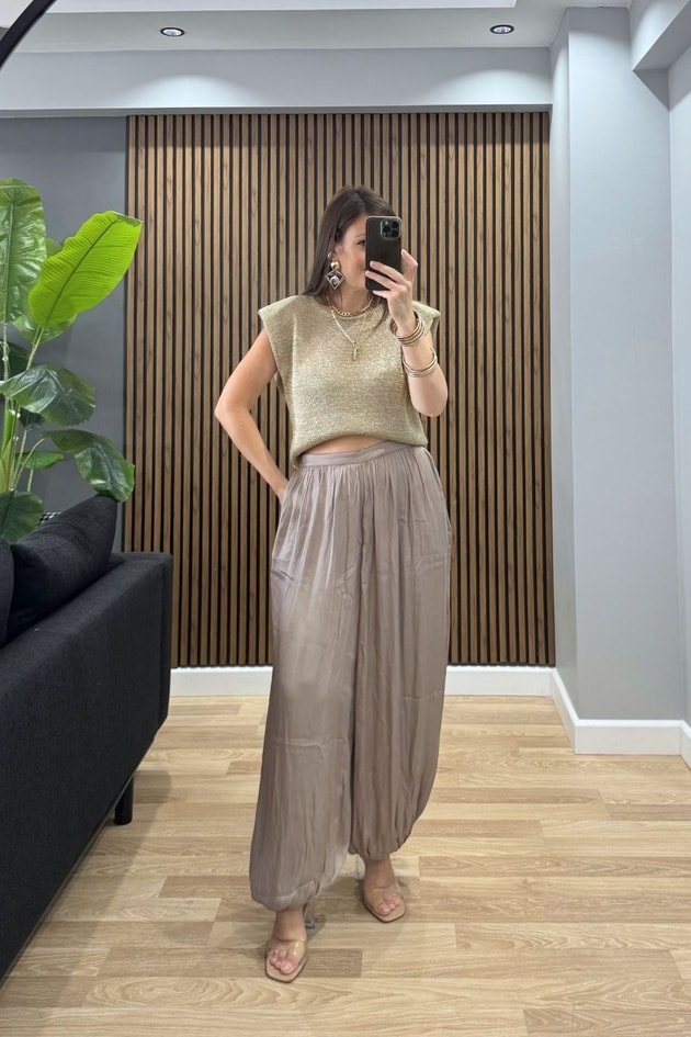 Vatkalı Işıltılı Triko Bluz Gold