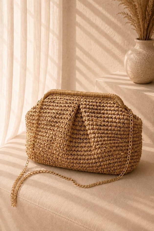 Hasır Örgü Clutch Çanta Camel