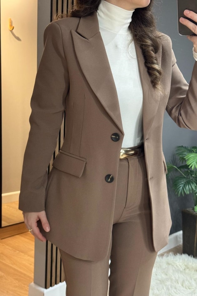 Belden Oturtmalı Astarlı Blazer Ceket Açık Kahve
