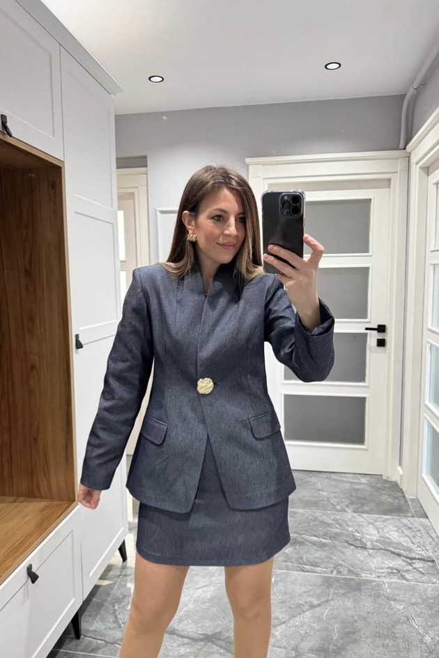 Gold Düğmeli Denim Blazer Ceket Mavi