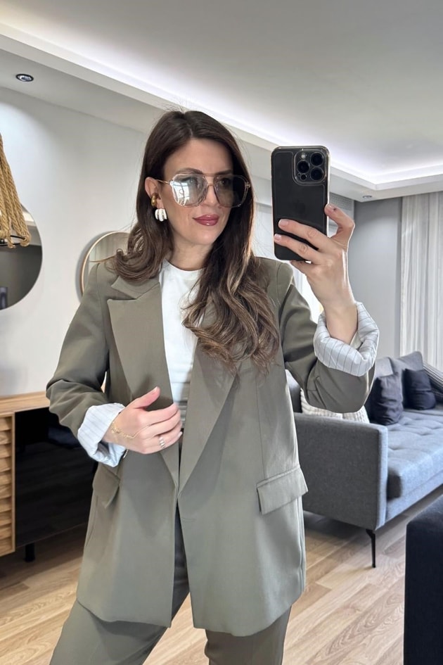 Kolu Katlamalı Astarlı Blazer Ceket Haki Yeşil