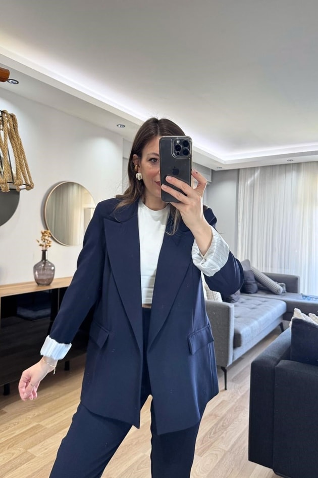 Kolu Katlamalı Astarlı Blazer Ceket Lacivert