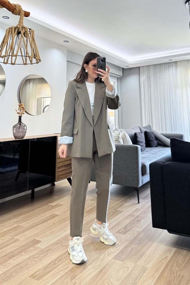 Kolu Katlamalı Astarlı Blazer Ceket Haki Yeşil