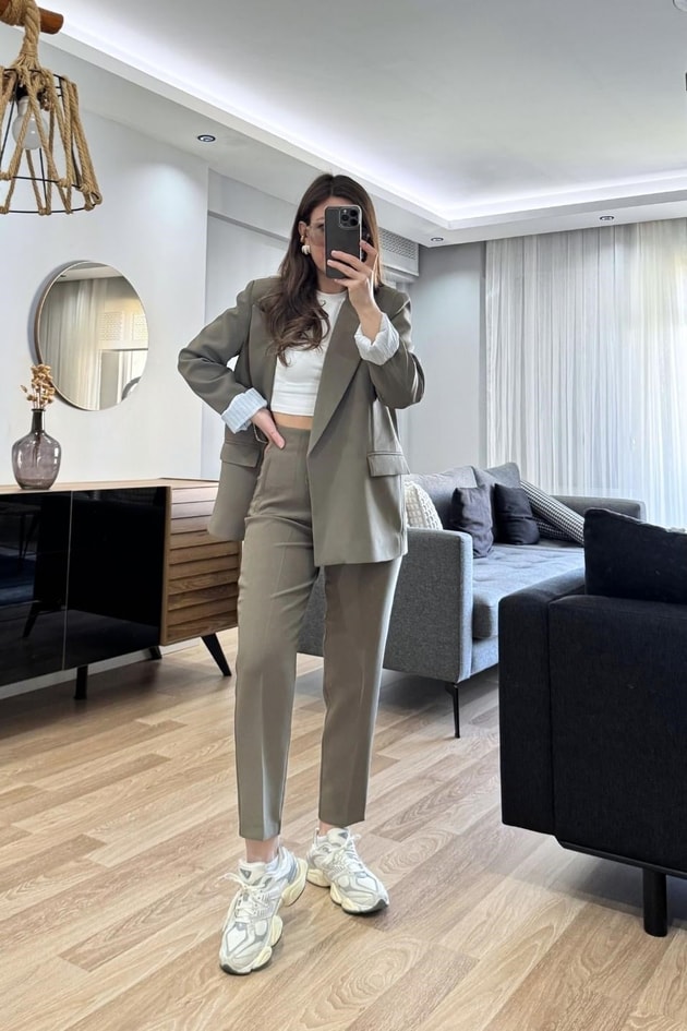 Kolu Katlamalı Astarlı Blazer Ceket Haki Yeşil
