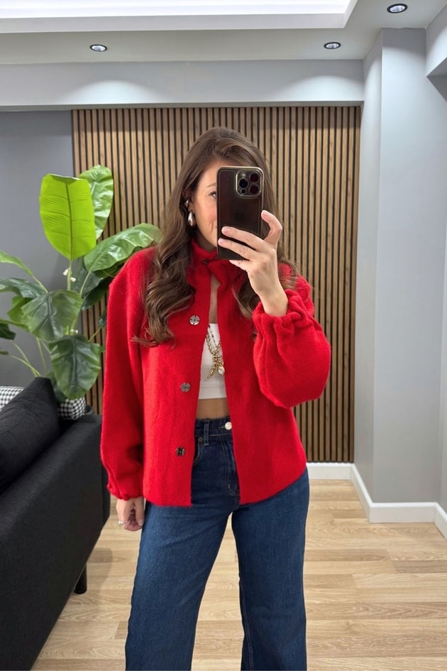 Nora Gizli Çıtçıtlı Triko Bomber Ceket Kırmızı