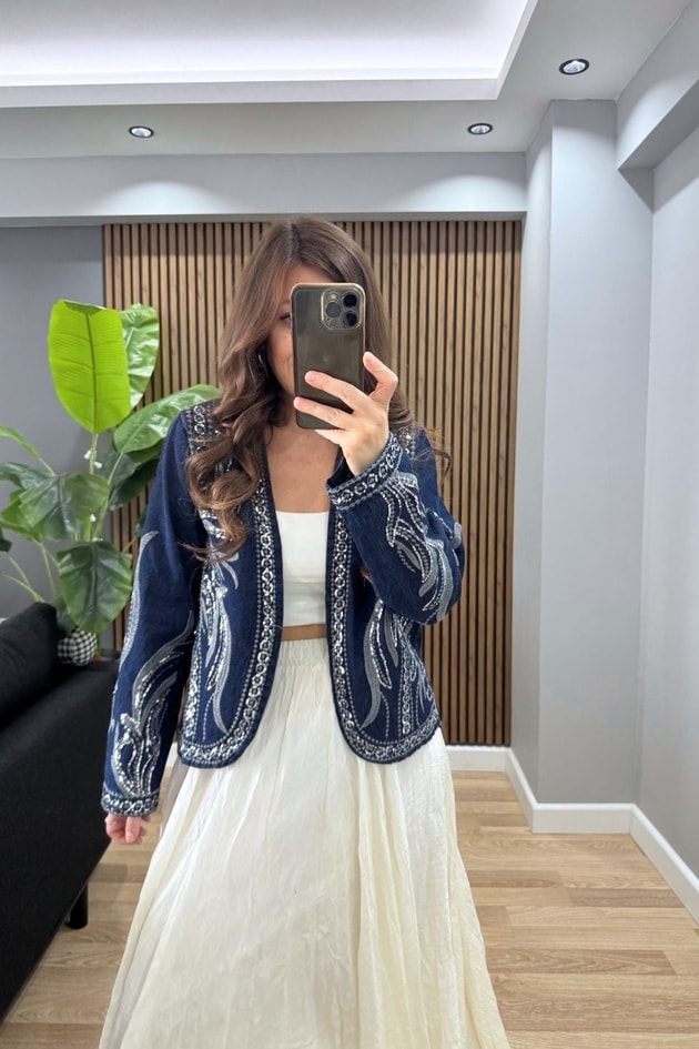 Sierra Pul İşlemeli Denim Ceket Koyu Mavi