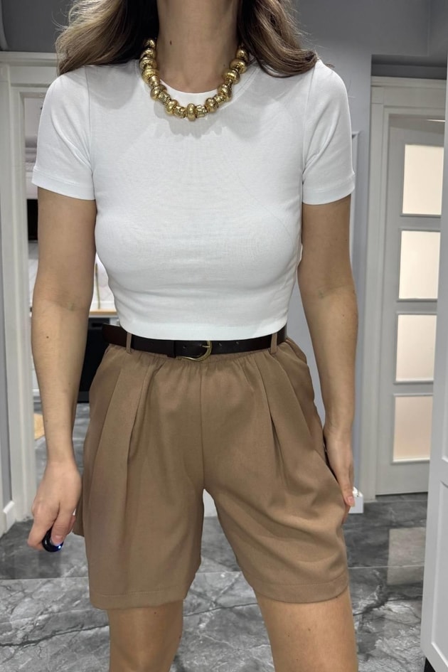 Bisiklet Yaka Crop Top Beyaz