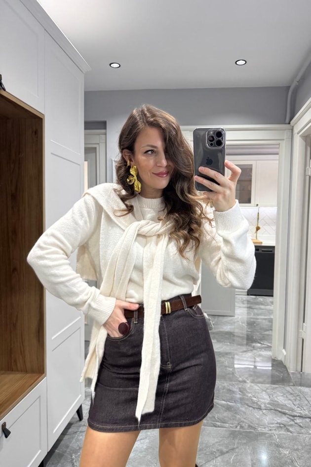 Denim Kemerli Mini Etek Kahverengi