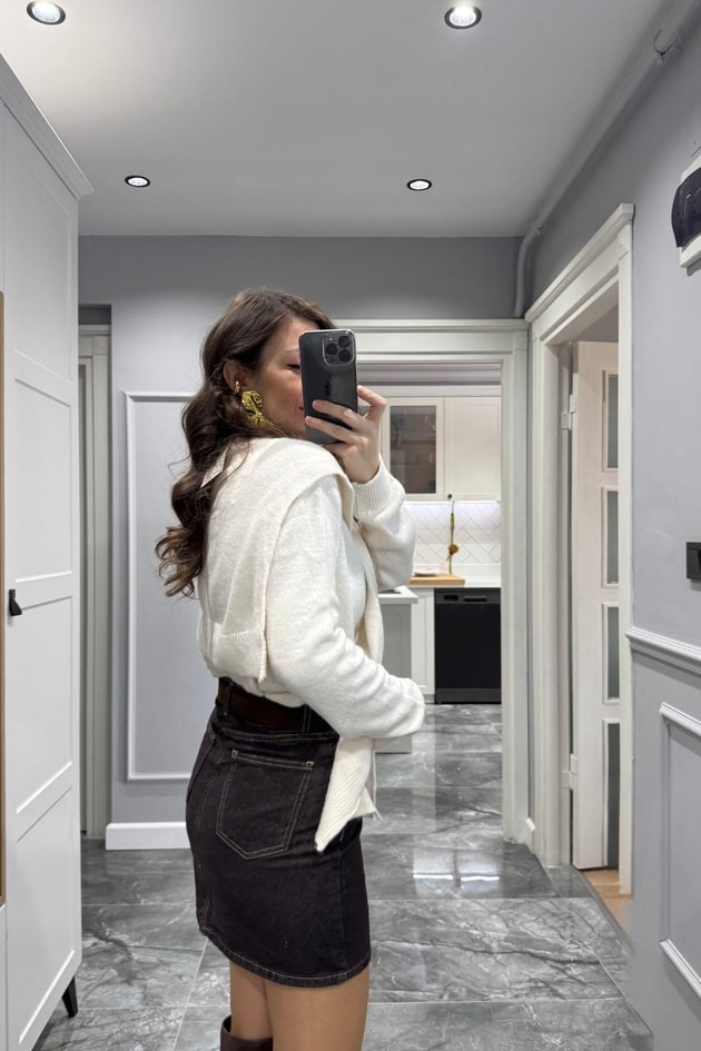 Denim Kemerli Mini Etek Kahverengi