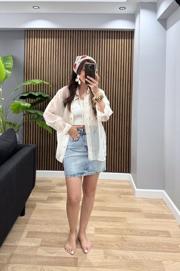 Denim Mini Etek Buz Mavi