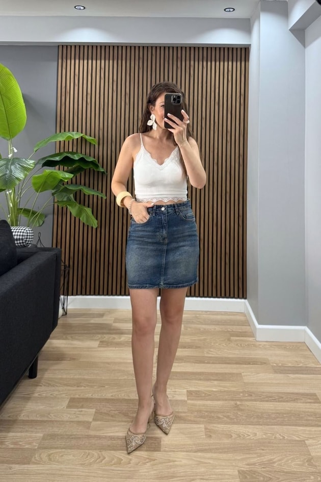 Denim Mini Etek Koyu Mavi