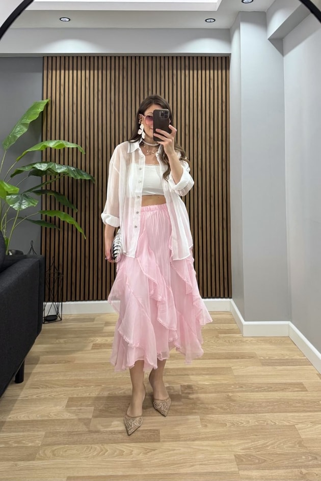 Kat Kat Dantel Detay Etek Pembe