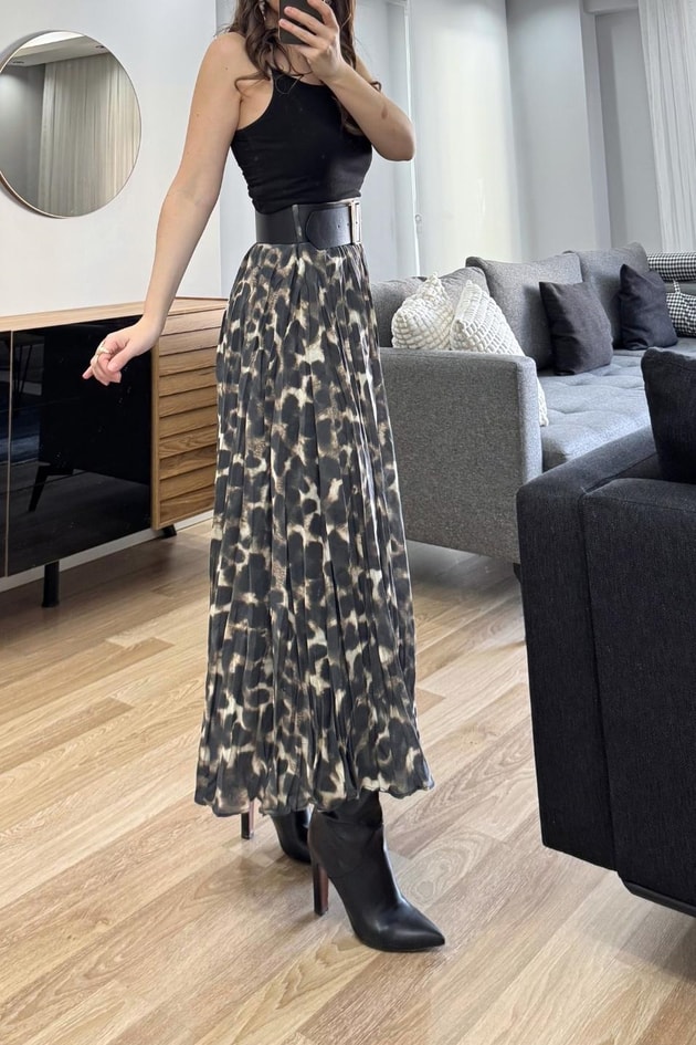 Leopar Desenli Kemerli Pileli Etek Multi Color