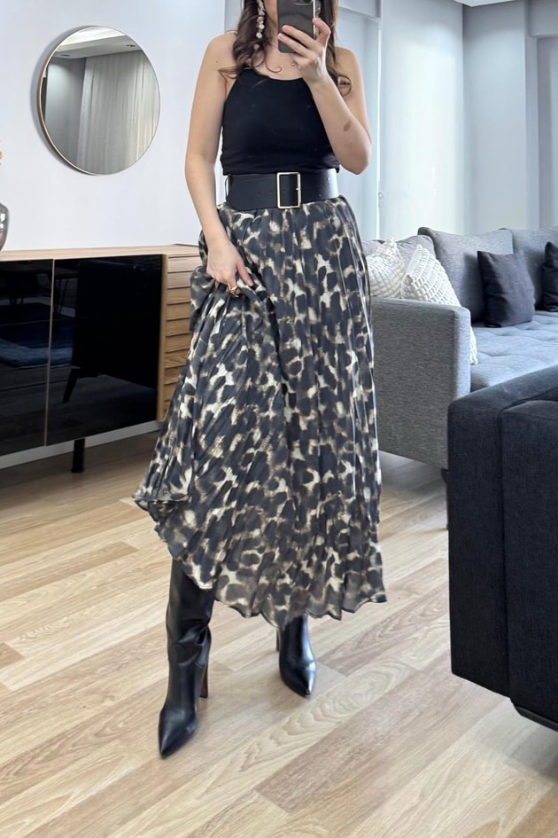 Leopar Desenli Kemerli Pileli Etek Multi Color