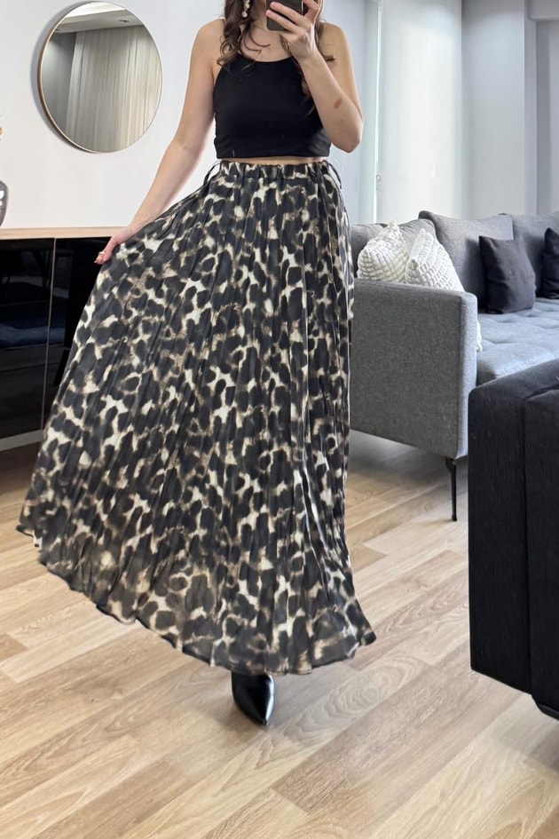 Leopar Desenli Kemerli Pileli Etek Multi Color