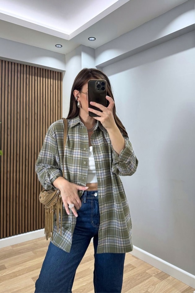 Ekose Oversize Gömlek Haki-Ekru