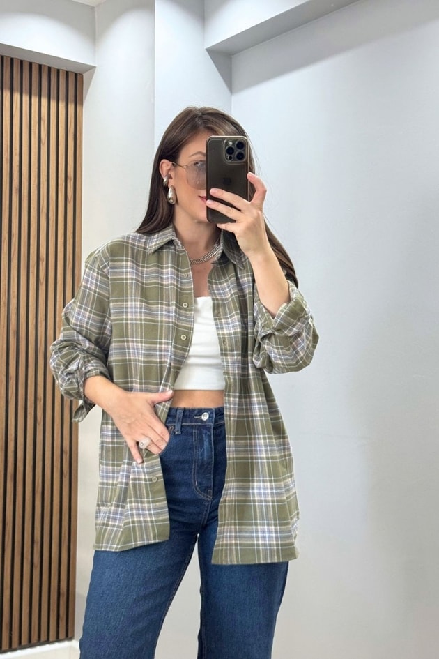 Ekose Oversize Gömlek Haki-Ekru