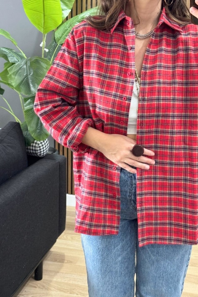 Ekose Oversize Gömlek Kırmızı