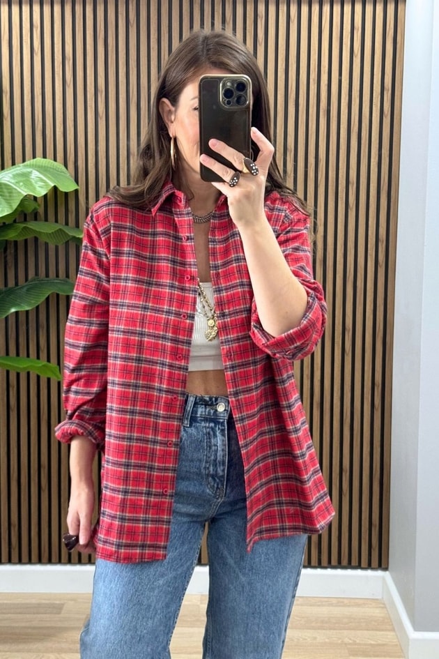 Ekose Oversize Gömlek Kırmızı