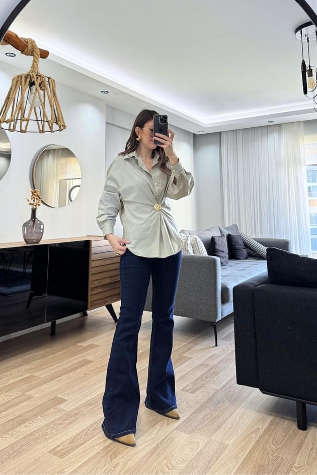 Gold Düğmeli Poplin Gömlek Bej