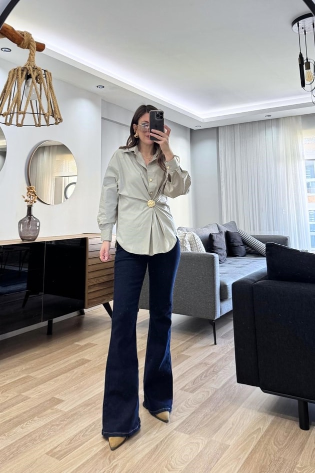 Gold Düğmeli Poplin Gömlek Bej