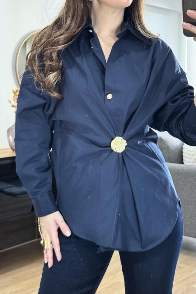 Gold Düğmeli Poplin Gömlek Lacivert
