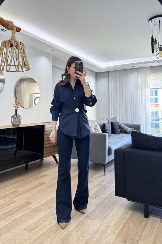Gold Düğmeli Poplin Gömlek Lacivert