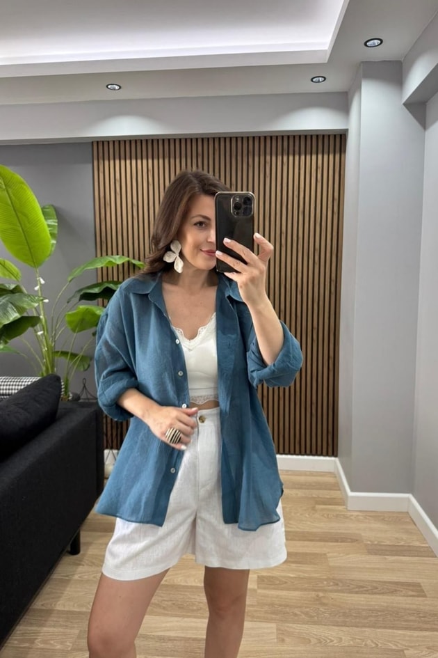 İpeksi Dokulu Oversize Gömlek Petrol Mavisi