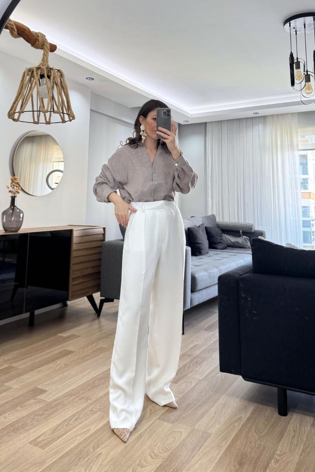 Leora Dökümlü Çizgili Gömlek Vizon