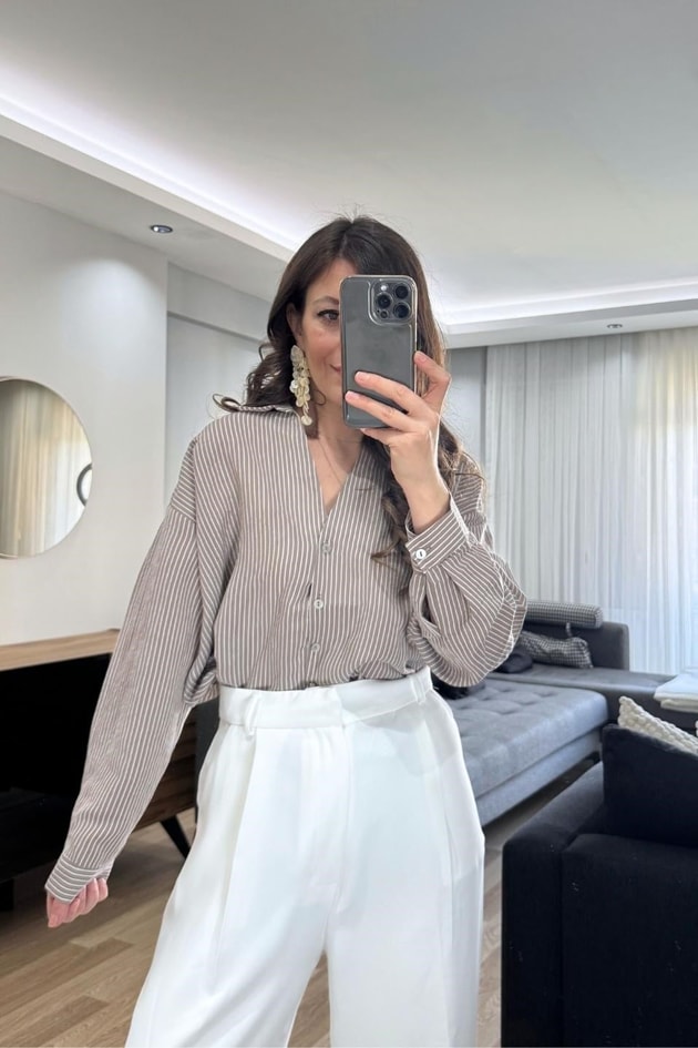 Leora Dökümlü Çizgili Gömlek Vizon