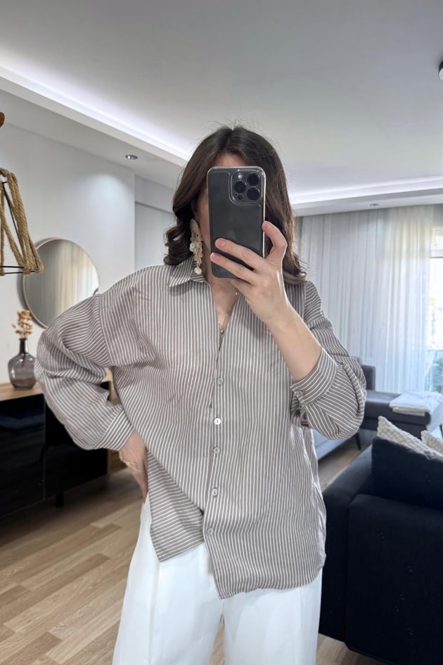 Leora Dökümlü Çizgili Gömlek Vizon