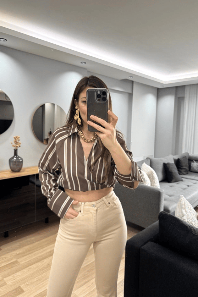 Mocha Lİne Bağlama Detaylı Kruvaze Gömlek Kahverengi