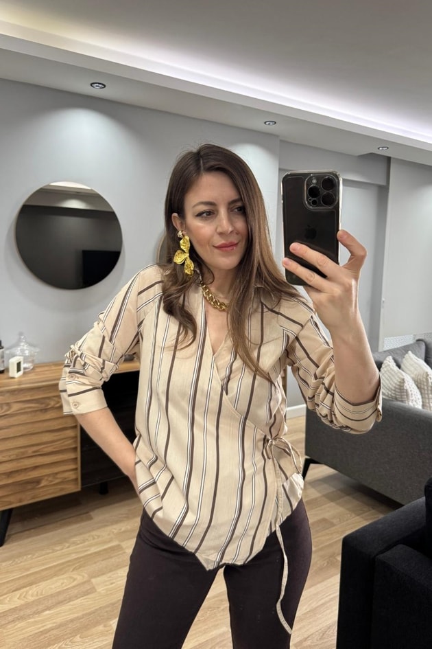 Mocha Lİne Bağlama Detaylı Kruvaze Gömlek Bej
