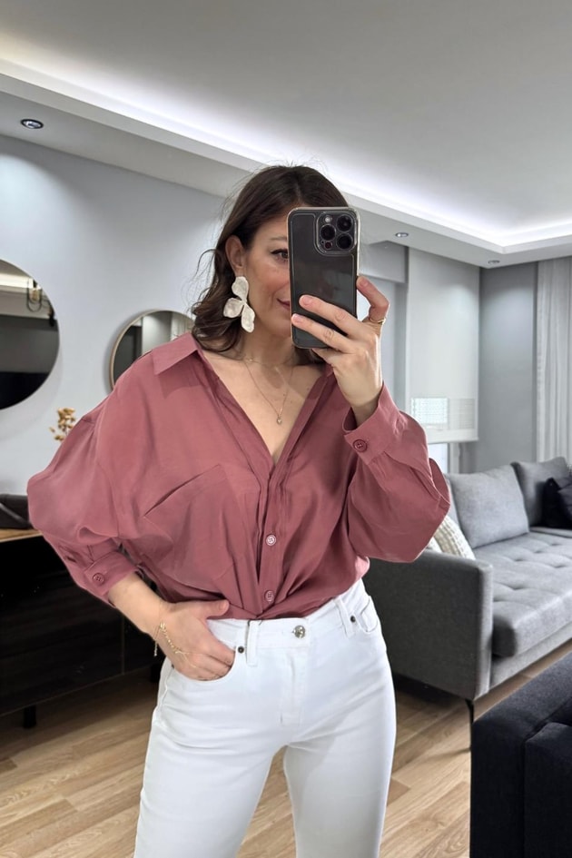 Terra Oversize Cep Detaylı Gömlek Tarçın