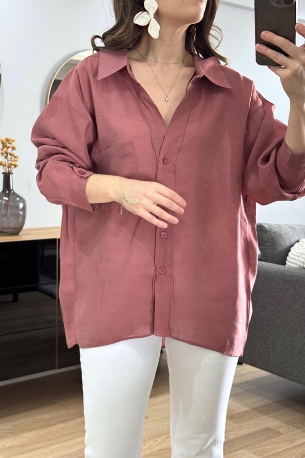 Terra Oversize Cep Detaylı Gömlek Tarçın