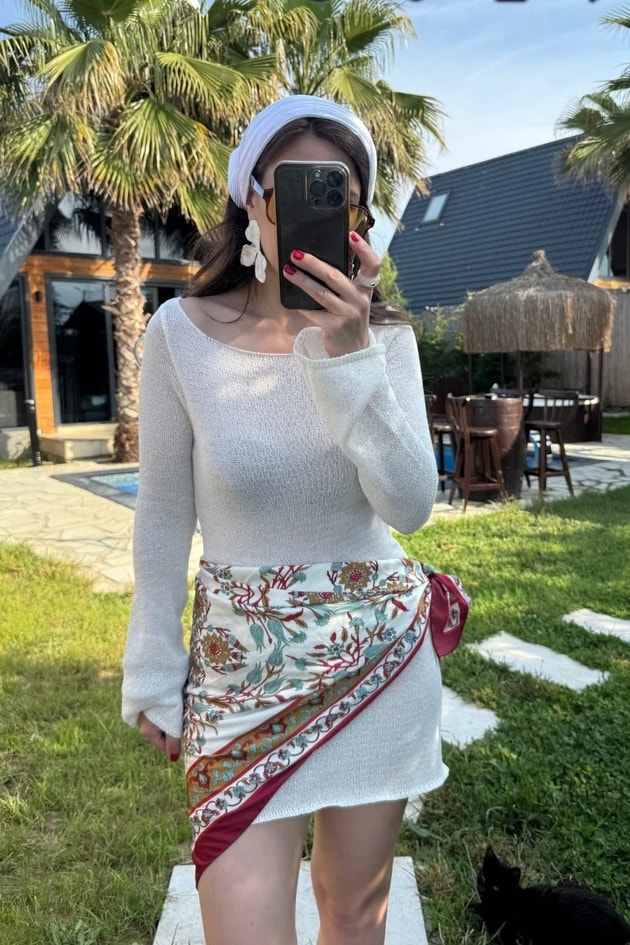Beach Knit Mini Elbise Ekru