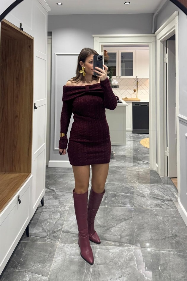 Degaje Yaka Saç Örgü Triko Elbise Bordo