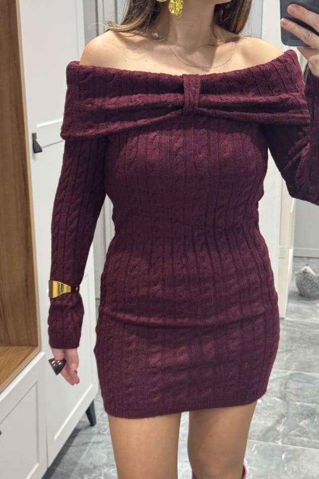 Degaje Yaka Saç Örgü Triko Elbise Bordo