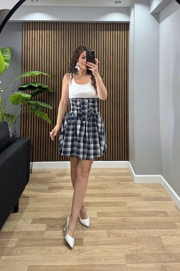 Ekose Korsaj Mini Elbise Lacivert