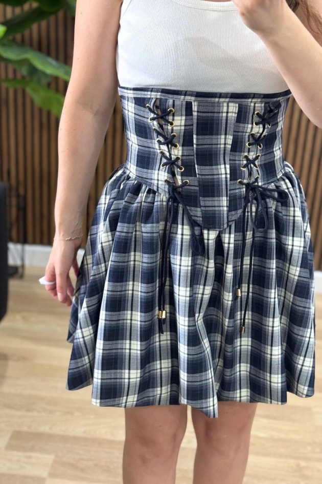 Ekose Korsaj Mini Elbise Lacivert