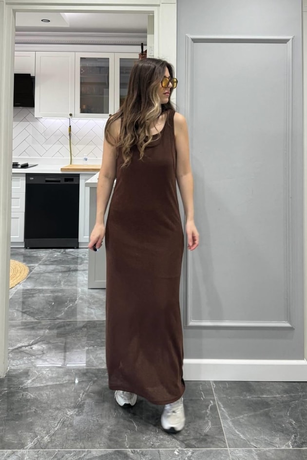 Frezya Kolsuz Astarlı Elbise Kahverengi