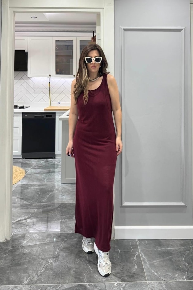 Frezya Kolsuz Astarlı Elbise Bordo