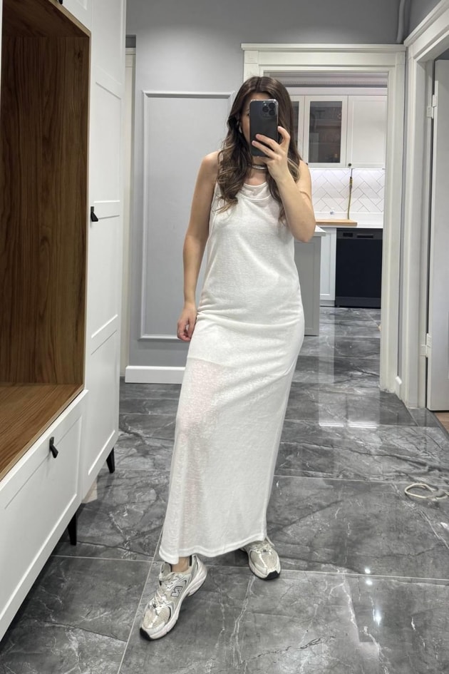 Frezya Kolsuz Astarlı Elbise Ekru