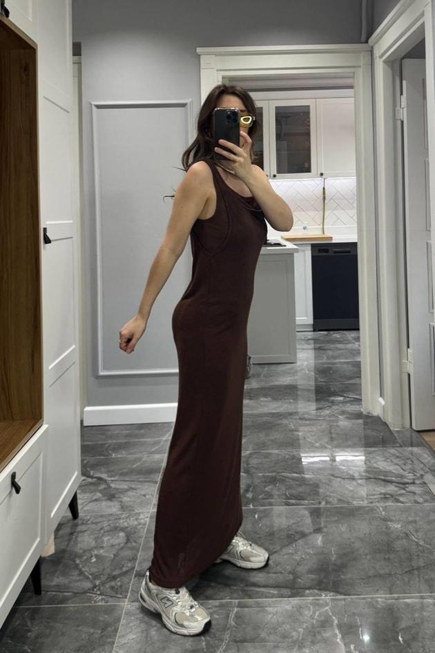 Frezya Kolsuz Astarlı Elbise Kahverengi